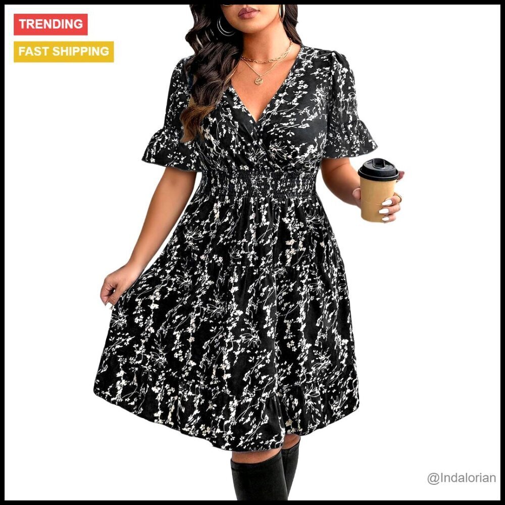 Retro Floral Print Ruffle Sleeve Midi Dress Boho Beach Casual Vacation Wear